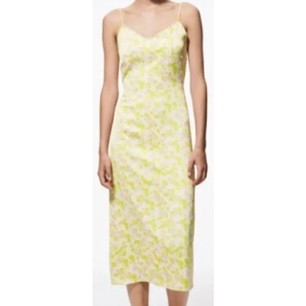Zara womens maxi slip dress green ditsy floral retro 70s 60s spring party summer